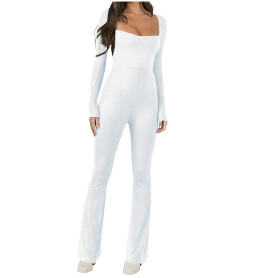 Women Long Sleeve Bodysuit Jumpsuit Square Neck Ribbed Shapewear Flare Bootcut Workout Yoga Leggings Rompers
