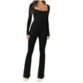 thumbnail image 1 of Women Long Sleeve Bodysuit Jumpsuit Square Neck Ribbed Shapewear Flare Bootcut Workout Yoga Leggings Rompers, 1 of 6
