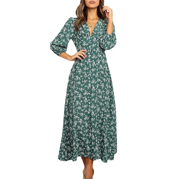 European and American Autumn Retro Small Flower Lantern Long Sleeve Button High Waist Dress