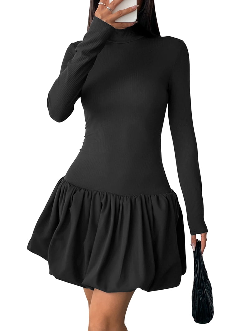 Women Long Sleeve Bubble Mini Dress Bodycon Mock Neck Casual Cocktail Club Party Dresses Black XL