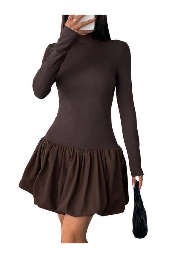 Women Long Sleeve Bubble Mini Dress Bodycon Mock Neck Casual Cocktail Club Party Dresses Brown L