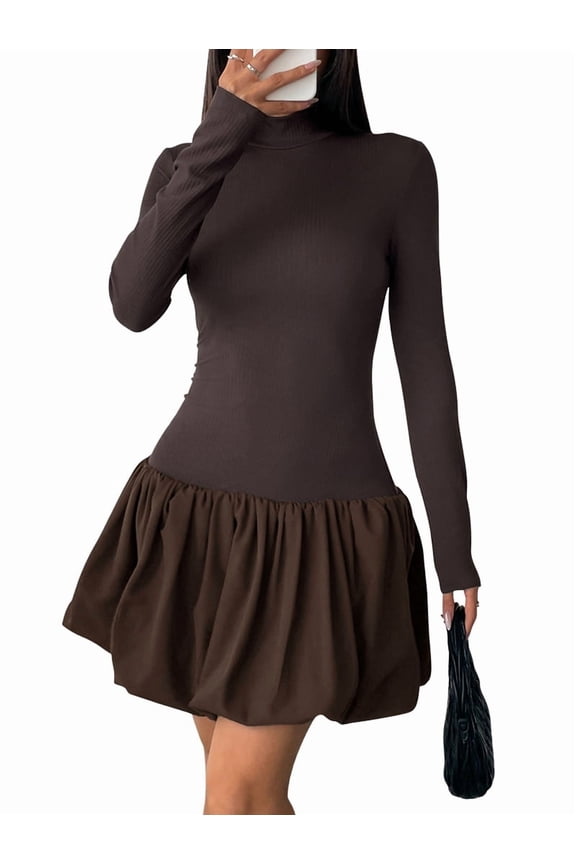 Women Long Sleeve Bubble Mini Dress Bodycon Mock Neck Casual Cocktail Club Party Dresses Brown XL