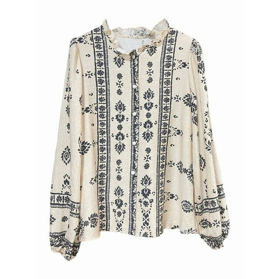 Women Long Sleeve Button Down Cotton Linen Shirt Western Cowgirl Vintage Elegant Boho Floral Printed Blouses Apricot L