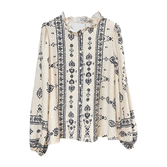 Women Long Sleeve Button Down Cotton Linen Shirt Western Cowgirl Vintage Elegant Boho Floral Printed Blouses M