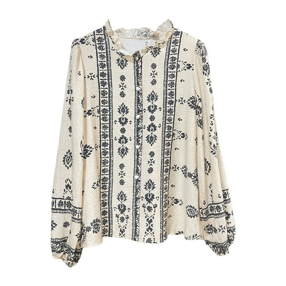 Women Long Sleeve Button Down Cotton Linen Shirt Western Cowgirl Vintage Elegant Boho Floral Printed Blouses XXL