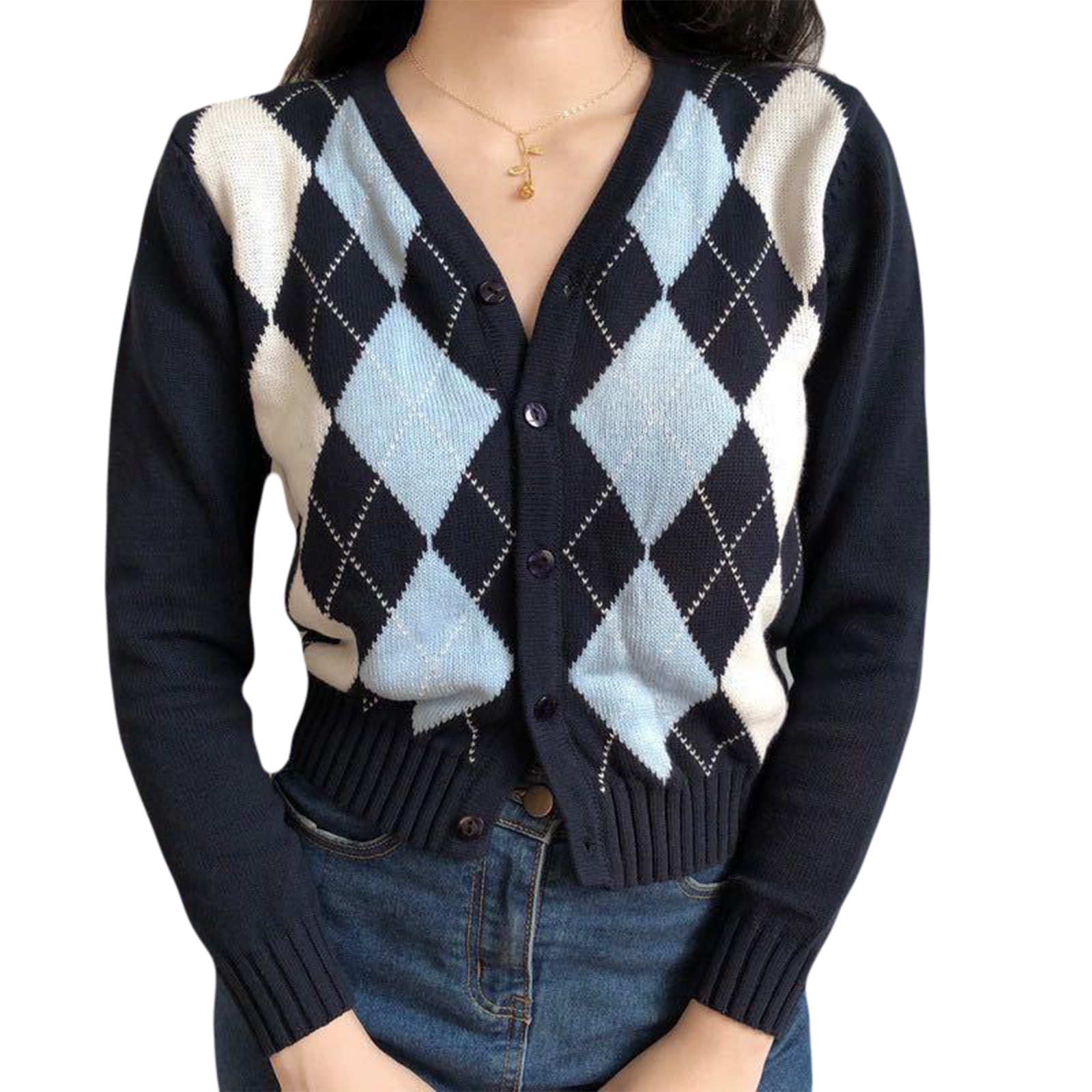 Women Long Sleeve Button Down Knit Cardigan Vintage Argyle Plaid