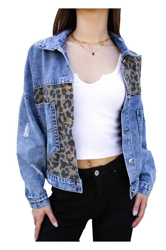 Women Long Sleeve Button Down Leopard Print Denim Jacket Ripped Distressed Boyfriend Outerwear, Light Denim, Large