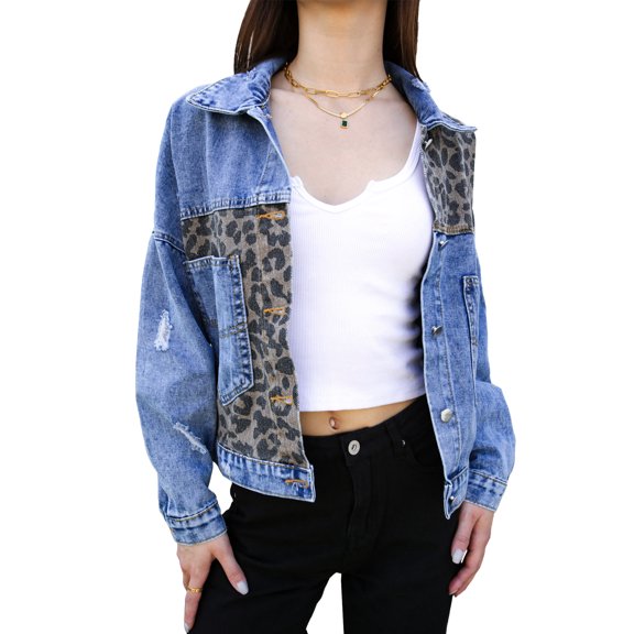 Women Long Sleeve Button Down Leopard Print Denim Jacket Ripped Distressed Boyfriend Outerwear, Light Denim, X-Large