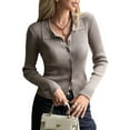 thumbnail image 1 of Women Long Sleeve Button Down Ribbed Knit Cardigan Shirt Casual Slim Fit Collared Sweater Top Camel XL, 1 of 8