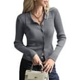 thumbnail image 1 of Women Long Sleeve Button Down Ribbed Knit Cardigan Shirt Casual Slim Fit Collared Sweater Top Dark Grey L, 1 of 8