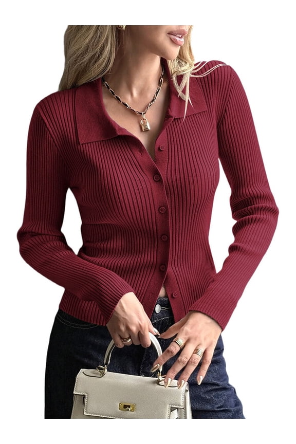 Women Long Sleeve Button Down Ribbed Knit Cardigan Shirt Casual Slim Fit Collared Sweater Top Dark Red L