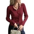 thumbnail image 1 of Women Long Sleeve Button Down Ribbed Knit Cardigan Shirt Casual Slim Fit Collared Sweater Top Dark Red M, 1 of 9
