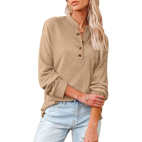 Women Long Sleeve Button Down V Neck Knit Shirt Stand Collar T Shirt Top Womens Active