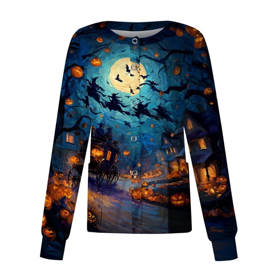 Women Long Sleeve Button Front Halloween Print Scrub Top Casual Round Neck Lightweight Work Shirt Blouse Top