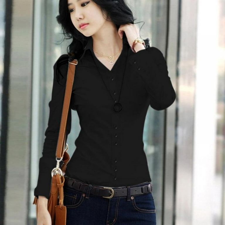 Women Long Sleeve Button Office Ladies Career Formal Slim Blouse