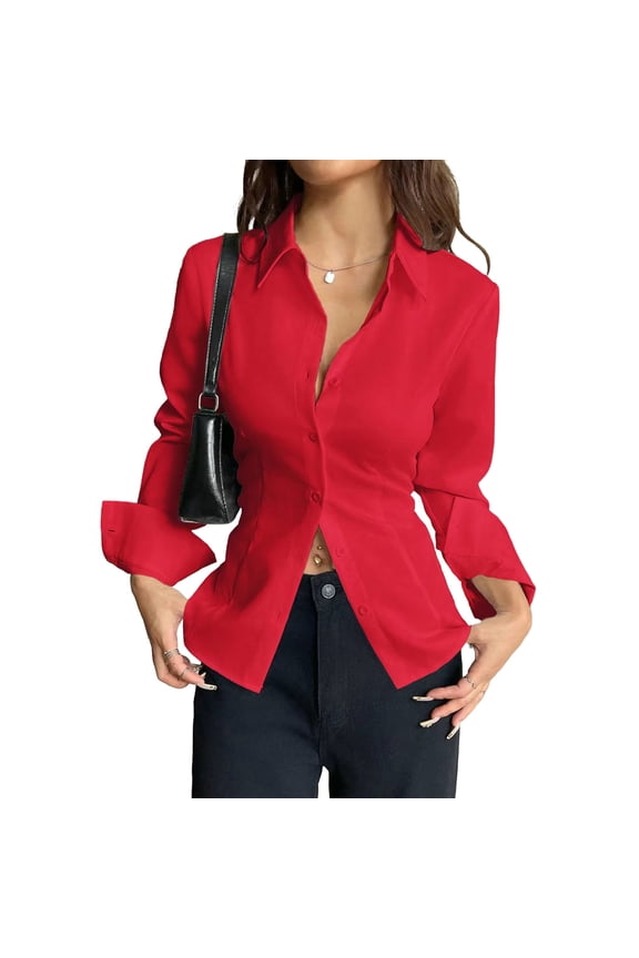 Women Long Sleeve Button Down Shirts Tie Back Cinched Waist Top Lapel V Neck Blouse Solid Slim Fit Clothes Dressy Business Work Blouses 2026 Trendy Elegant Tops
