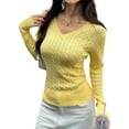 thumbnail image 1 of Women Long Sleeve Cable Knit Sweater Fall Fashion V Neck Fitted Pullover Business Casual Fall Outfits Light Yellow M, 1 of 10