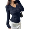 thumbnail image 1 of Women Long Sleeve Cable Knit Sweater Fall Fashion V Neck Fitted Pullover Business Casual Fall Outfits Navy Blue L, 1 of 9
