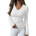thumbnail image 1 of Women Long Sleeve Cable Knit Sweater Fall Fashion V Neck Fitted Pullover Business Casual Fall Outfits White S, 1 of 9