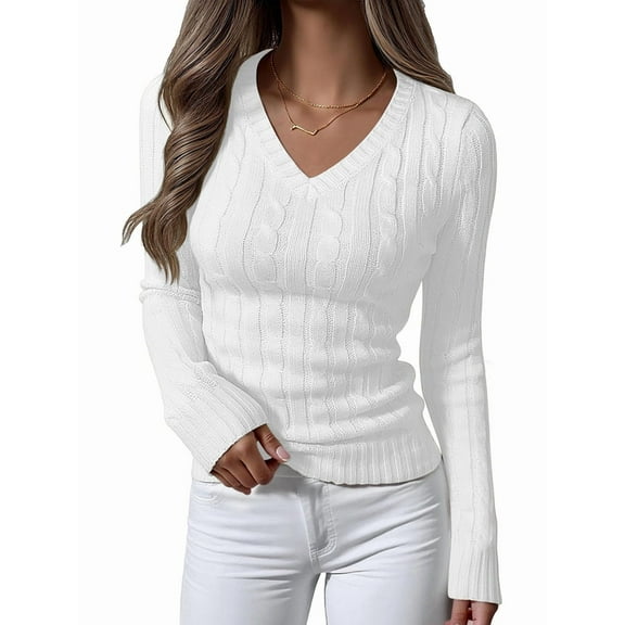 Women Long Sleeve Cable Knit Sweater Fall Fashion V Neck Fitted Pullover Business Casual Fall Outfits White S