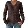 thumbnail image 1 of Women Long Sleeve Cable Knit Sweater Fashion V Neck Fitted Pullover Top Business Casual Fall Outfits Brown M, 1 of 7