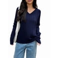 thumbnail image 1 of Women Long Sleeve Cable Knit Sweater Fashion V Neck Fitted Pullover Top Business Casual Fall Outfits Navy Blue XL, 1 of 7