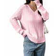 thumbnail image 1 of Women Long Sleeve Cable Knit Sweater Fashion V Neck Fitted Pullover Top Business Casual Fall Outfits Pink M, 1 of 7