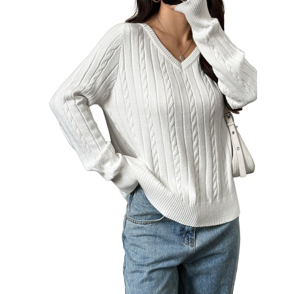 Women Long Sleeve Cable Knit Sweater Fashion V Neck Fitted Pullover Top Business Casual Fall Outfits White L