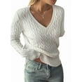 thumbnail image 1 of Women Long Sleeve Cable Knit Sweater Fashion V Neck Fitted Pullover Top Business Casual Fall Outfits White S, 1 of 7