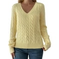 thumbnail image 1 of Women Long Sleeve Cable Knit Sweater Fashion V Neck Fitted Pullover Top Business Casual Fall Outfits Yellow S, 1 of 9