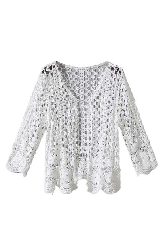 Women Long Sleeve Cardigan Hollow Crochet Floral Sweater Coat Beach Mesh Shrug