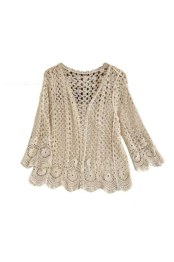 Women Long Sleeve Cardigan Hollow Crochet Floral Sweater Coat Beach Mesh Shrug