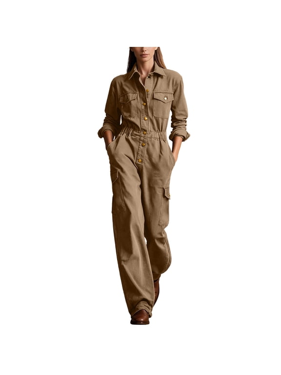 Women Long Sleeve Cargo Jumpsuit, Turn-Down Collar Button Front Multi-Pocket Long Pants Romper for Autumn Winter Coffee M(M)