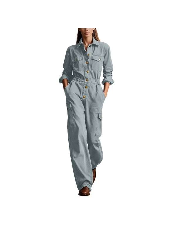 Women Long Sleeve Cargo Jumpsuit, Turn-Down Collar Button Front Multi-Pocket Long Pants Romper for Autumn Winter Gray XXL(XXL)