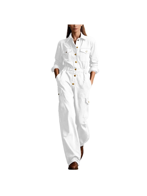 Women Long Sleeve Cargo Jumpsuit, Turn-Down Collar Button Front Multi-Pocket Long Pants Romper for Autumn Winter White XL(XL)