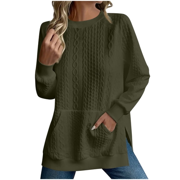 Women Long Sleeve Casual Fashion Loose Solid Color Round Neck Sweatshirt With Side Buttons Slit Fall Clothes Basic Outfits Winter Clothing