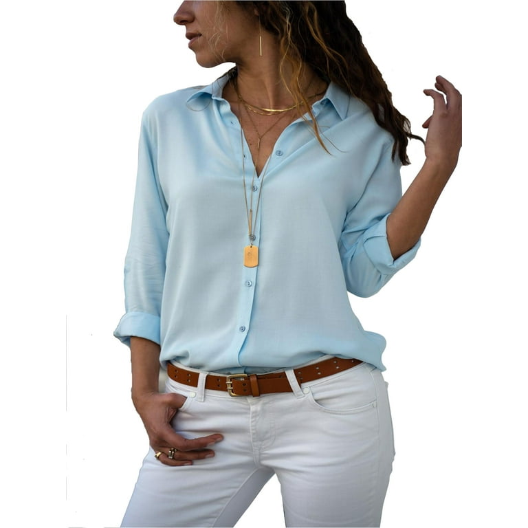 UKAP Women Long Sleeve V Neck Chiffon Blouses Tops Pleated Work Business  Shirts