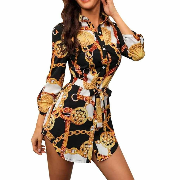 Women Long Sleeve Chain Print Shirt Dress Ladies Casual Mini Dress Walmart
