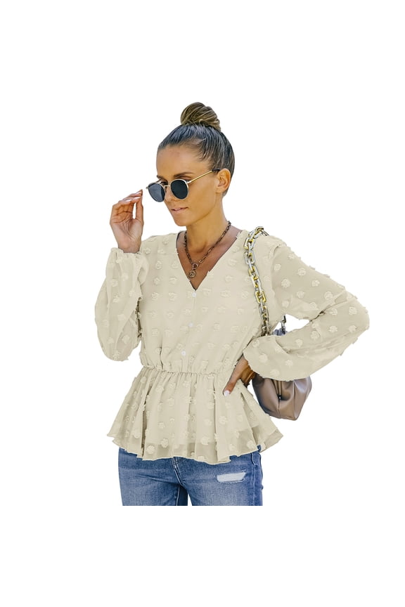 Women Long Sleeve Chiffon Shirt V Neck Tunic Blouses Top Office Lady Casual Ruffle Hem Tops