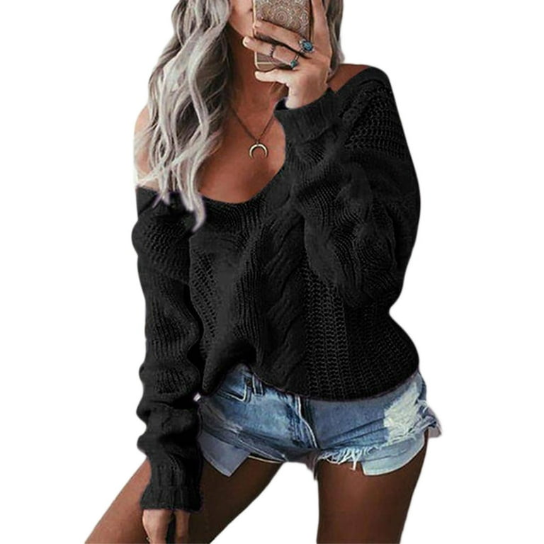 Off Shoulder V-neck Solid Color Sweater Tops Off Shoulder V-neck Solid Color Sweater Tops