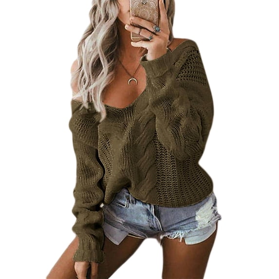 Women Long Sleeve Chunky Cable Knit Sweater Deep V-Neck Off Shoulder Pullover Tops Solid Color Loose Jumper Shirt