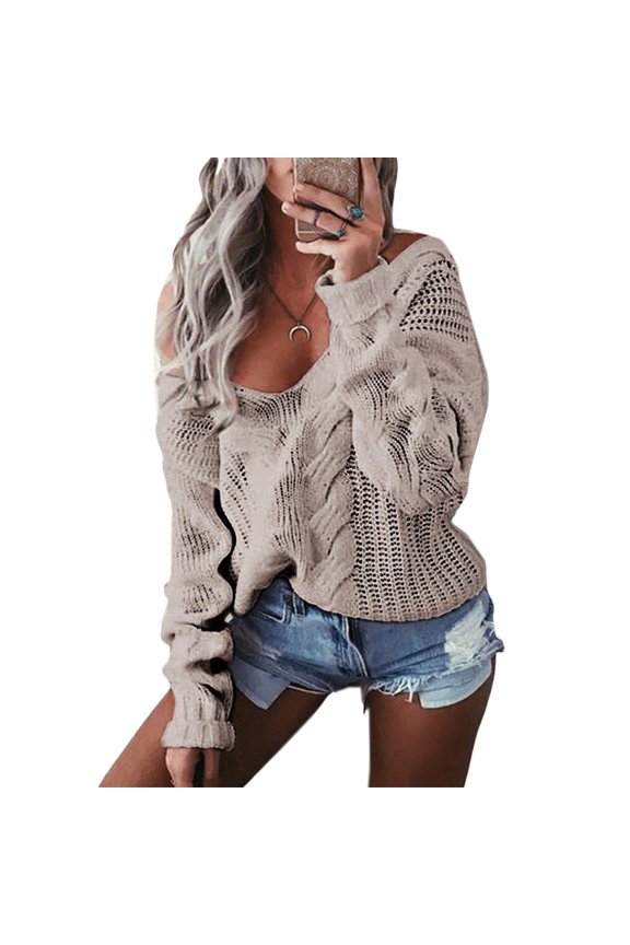 Women Long Sleeve Chunky Cable Knit Sweater Deep V-Neck Off Shoulder Pullover Tops Solid Color Loose Jumper Shirt