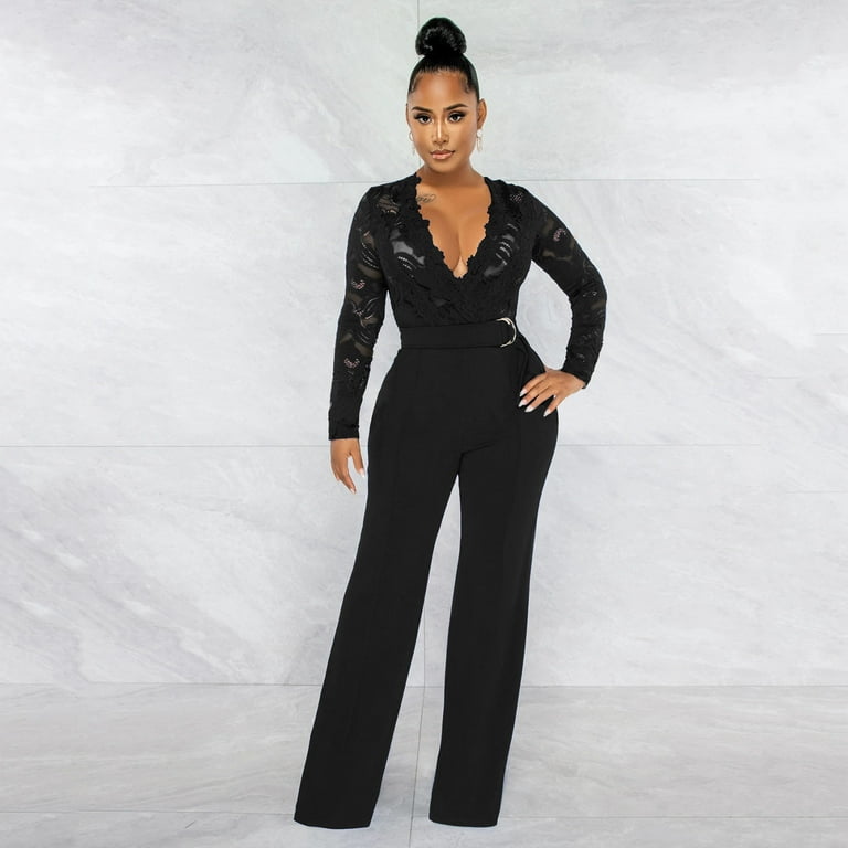 Riforla Women Long Sleeve Club Overalls Lace Bodycon Romper Party