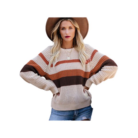 Women Long Sleeve Color Block Striped Casual Pullover Sweater, Khaki, Medium
