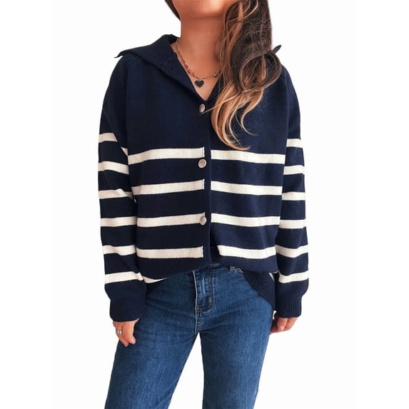Women Long Sleeve Color Block Sweaters Striped Tops Button Down Open Front Knit Cardigan Coat Jackets Navy Blue S