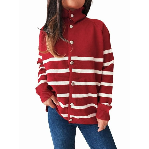 Women Long Sleeve Color Block Sweaters Striped Tops Button Down Open Front Knit Cardigan Coat Jackets Red L