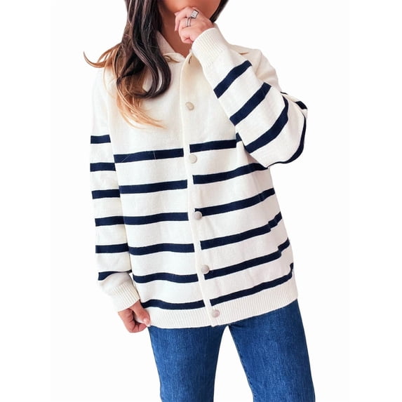 Women Long Sleeve Color Block Sweaters Striped Tops Button Down Open Front Knit Cardigan Coat Jackets White L