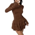 thumbnail image 1 of Women Long Sleeve Corset Mini Dress Ruffle Hem Short Party Club Dresses Brown M, 1 of 9