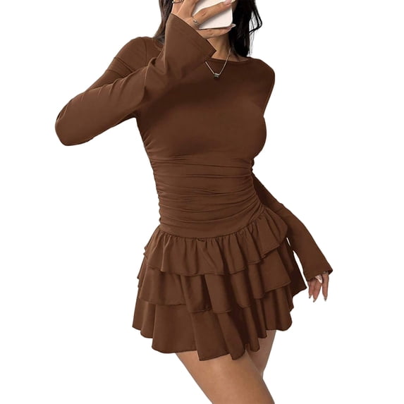 Women Long Sleeve Corset Mini Dress Ruffle Hem Short Party Club Dresses Brown M