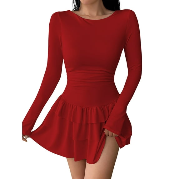 Women Long Sleeve Corset Mini Dress Ruffle Hem Short Party Club Dresses Red S